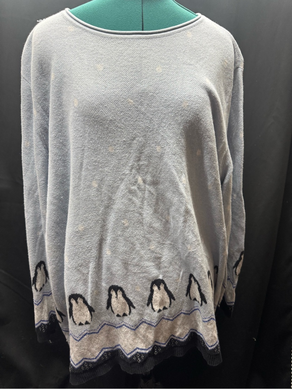 CJ Banks Light Blue Penguin Border Crew Neck Sweater